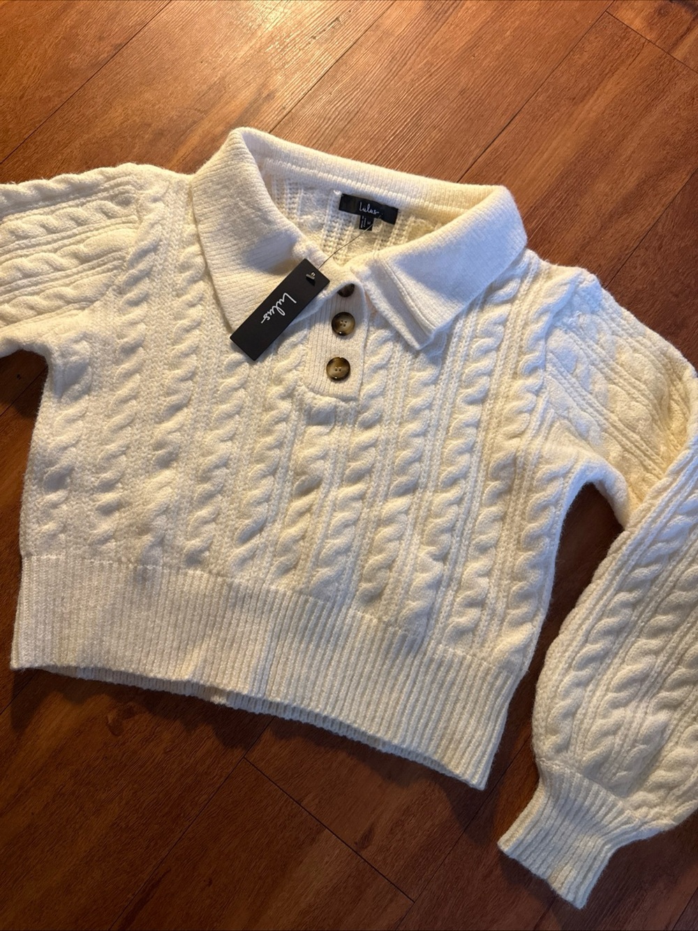 Lulu's Ivory Cable Knit Polo Pullover